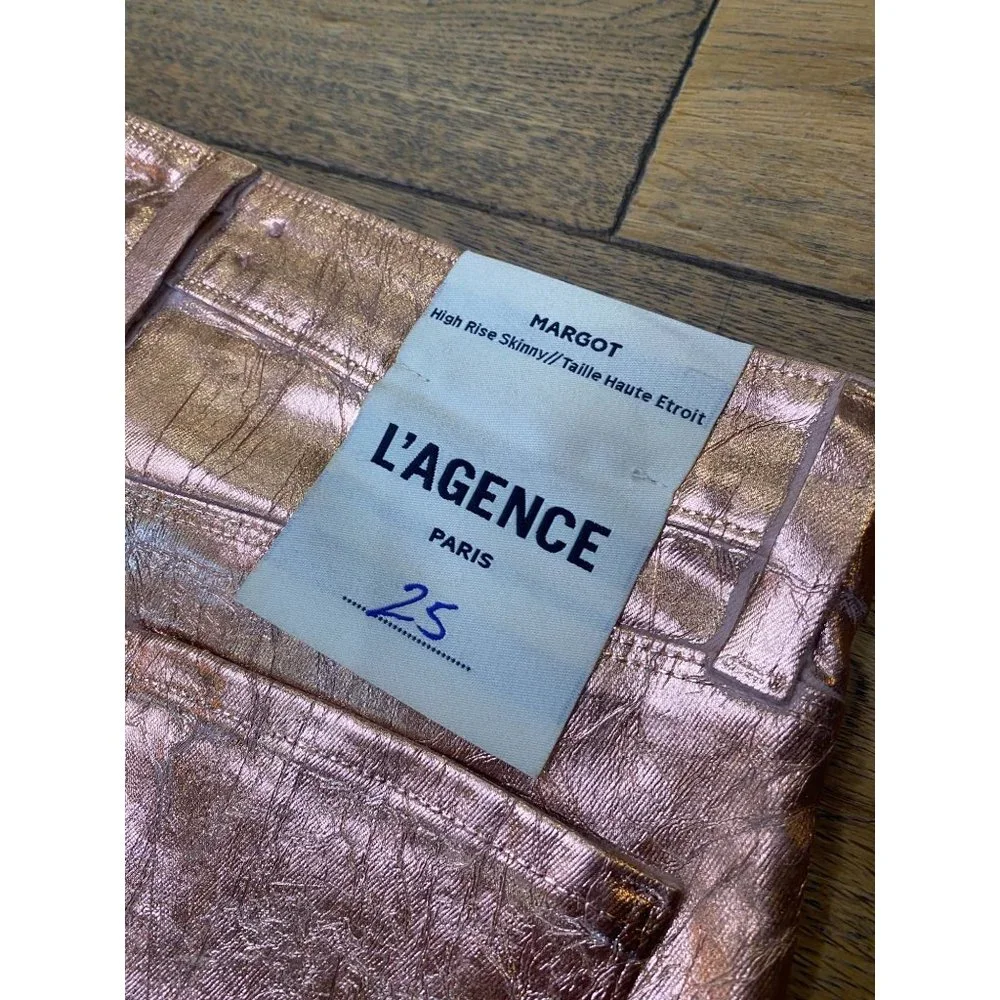 L'Agence Margot Light Rose Gold Foil High Rise Skinny Jeans Women's Size 25 - Picture 11 of 12